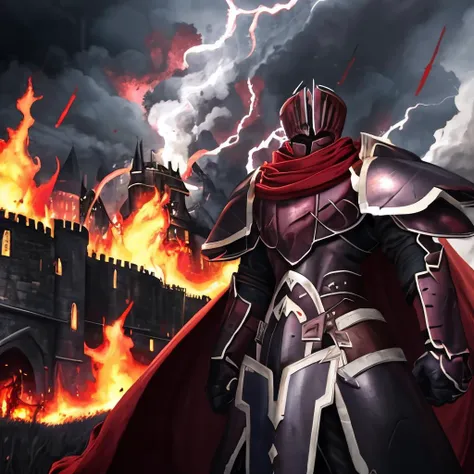 masterpiece, best quality, absurdres, fantasy,
<lora:BlackKnight:1>blackknight_fe, red scarf, red cape, armor, standing, from below, close-up
storm, overcast, fire, burning, field, castle, battle, lightning, smoke, electricity, lightning, dark, night,