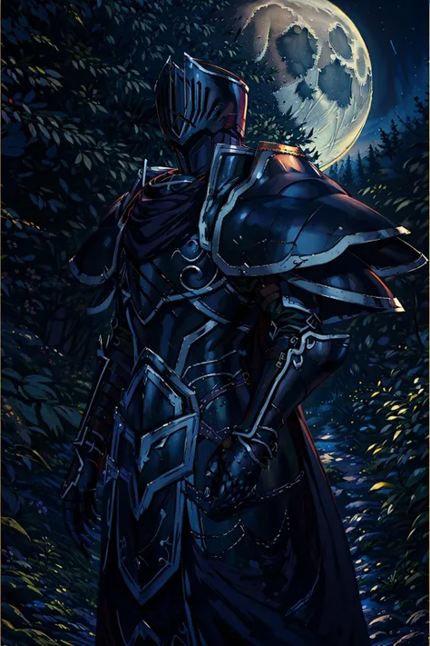 masterpiece, best quality, BlackKnight_fe, Armor, Cape, Helmet, from side, night sky, forest, moon, chiaroscuro shading <lora:BlackKnight:0.9>