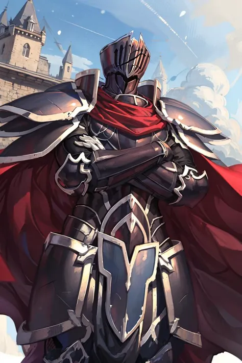 (masterpiece, best quality, detailed:1.2), <lora:BlackKnight:.9> BlackKnight_fe, armor, helmet, cape, from below, foreshortening, crossed arms, sky background, castle, snowing