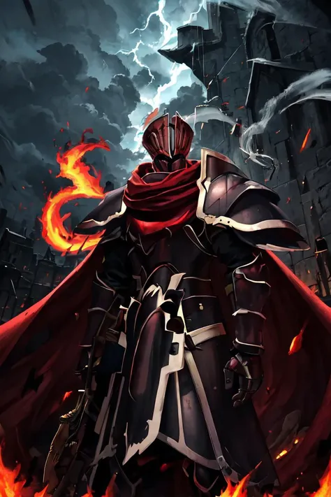 masterpiece, best quality, absurdres, fantasy,
<lora:BlackKnight:0.8>blackknight_fe, helmet, armor, red scarf, red cape, standing, from below, (close-up:1.1), cowboy shot,
storm, overcast, fire, burning, field, castle, battle, lightning, smoke, electricity, lightning, dark, night