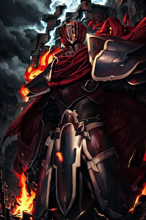 masterpiece, best quality, absurdres, fantasy,
<lora:BlackKnight:1>blackknight_fe, helmet, armor, red scarf, red cape, standing, from below, close-up, cowboy shot,
storm, overcast, fire, burning, field, castle, battle, lightning, smoke, electricity, lightning, dark, night
