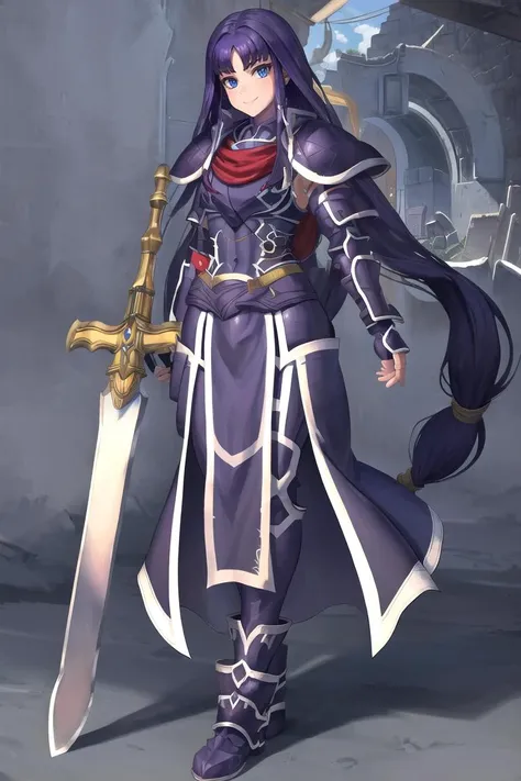 masterpiece, best quality, absurdres, <lora:altina-fe-richy-v1:1>, altina, solo
full body, standing, looking at viewer, smile, arms at side, blue eyes, purple hair, very long hair, bangs, sidelocks,
pauldrons, shoulder armor, armored boots, red scarf,
<lora:BlackKnight:0.8>, blackknight_fe, armor, field, sword, planted sword