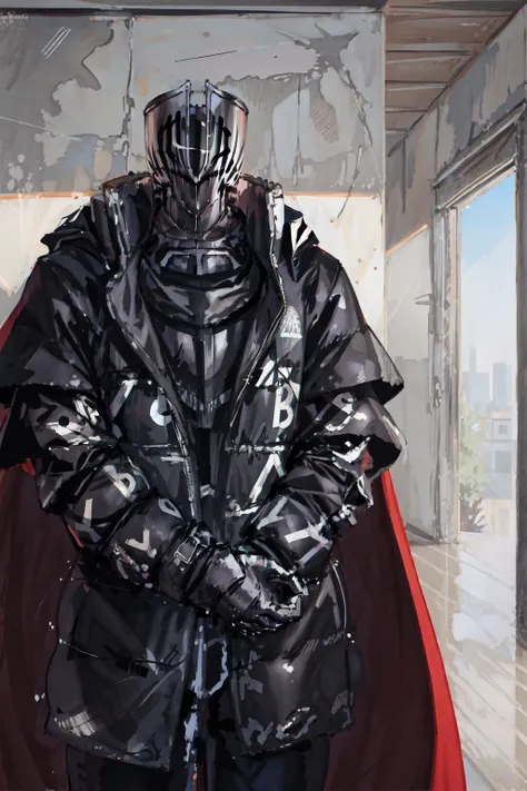 BlackKnight_fe, Cape, Helmet, <lora:Char_FireEmblem_BlackKnight:0.75>, dripjacket, own hands together, <lora:Outfit_DripJacket:0.85>, indoors,