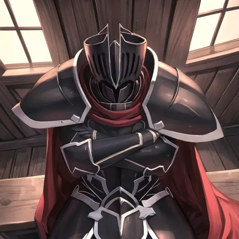<lora:BlackKnight:.9>, BlackKnight_fe, Armor, Cape, Helmet, sitting down, from above, crossed arms, medieval house, wooden house, cozy, warm colors, side lighting.