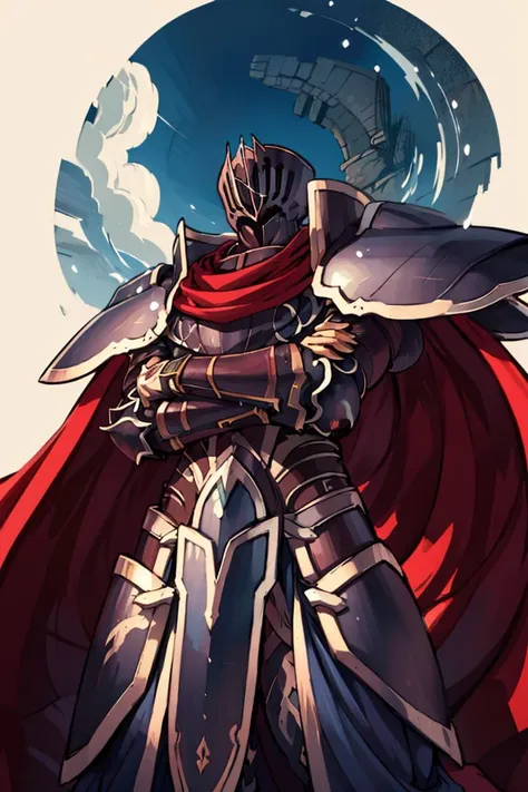 (masterpiece, best quality, detailed:1.2), <lora:BlackKnight:.9> BlackKnight_fe, armor, helmet, cape, from below, foreshortening, crossed arms, sky background, castle, snowing