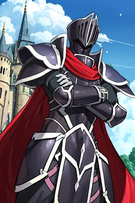 <lora:Alola_Style:0.65>, (masterpiece, best quality, detailed:1.2), <lora:BlackKnight:.9> BlackKnight_fe, armor, helmet, cape, from below, foreshortening, crossed arms, sky background, castle, snowing