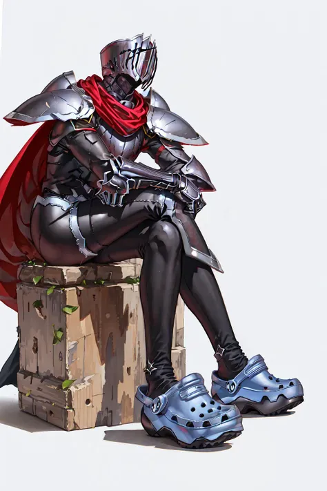 BlackKnight_fe, Armor, Cape, Helmet, <lora:Char_FireEmblem_BlackKnight:0.8>, edgCrocs, crocs, socks, wearing edgCrocs sandals, <lora:Outfit_Crocs:0.9>, full body, sitting,