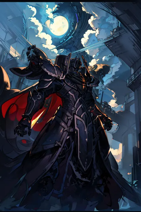 <lora:Granblue Fantasy-STYLE>, <lora:BlackKnight:1>, armor, helmet, cape, standing, looking at viewer, from below, open arms, night sky, clouds, backlighting, silhouette