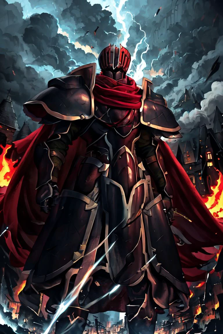 masterpiece, best quality, absurdres, fantasy,
<lora:BlackKnight:1>blackknight_fe, helmet, armor, red scarf, red cape, standing, from below, close-up, cowboy shot,
storm, overcast, fire, burning, field, castle, battle, lightning, smoke, electricity, lightning, dark, night