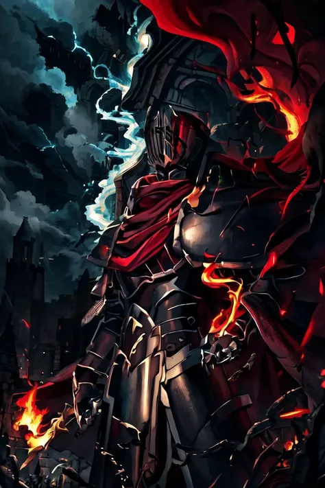 masterpiece, best quality, absurdres, fantasy,
<lora:BlackKnight:1>blackknight_fe, helmet, armor, red scarf, red cape, standing, from below, close-up, cowboy shot,
storm, overcast, fire, burning, field, castle, battle, lightning, smoke, electricity, lightning, dark, night