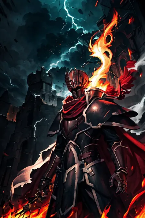 masterpiece, best quality, absurdres, fantasy,
<lora:BlackKnight:0.8>blackknight_fe, helmet, armor, red scarf, red cape, standing, from below, (close-up:1.1), cowboy shot,
storm, overcast, fire, burning, field, castle, battle, lightning, smoke, electricity, lightning, dark, night