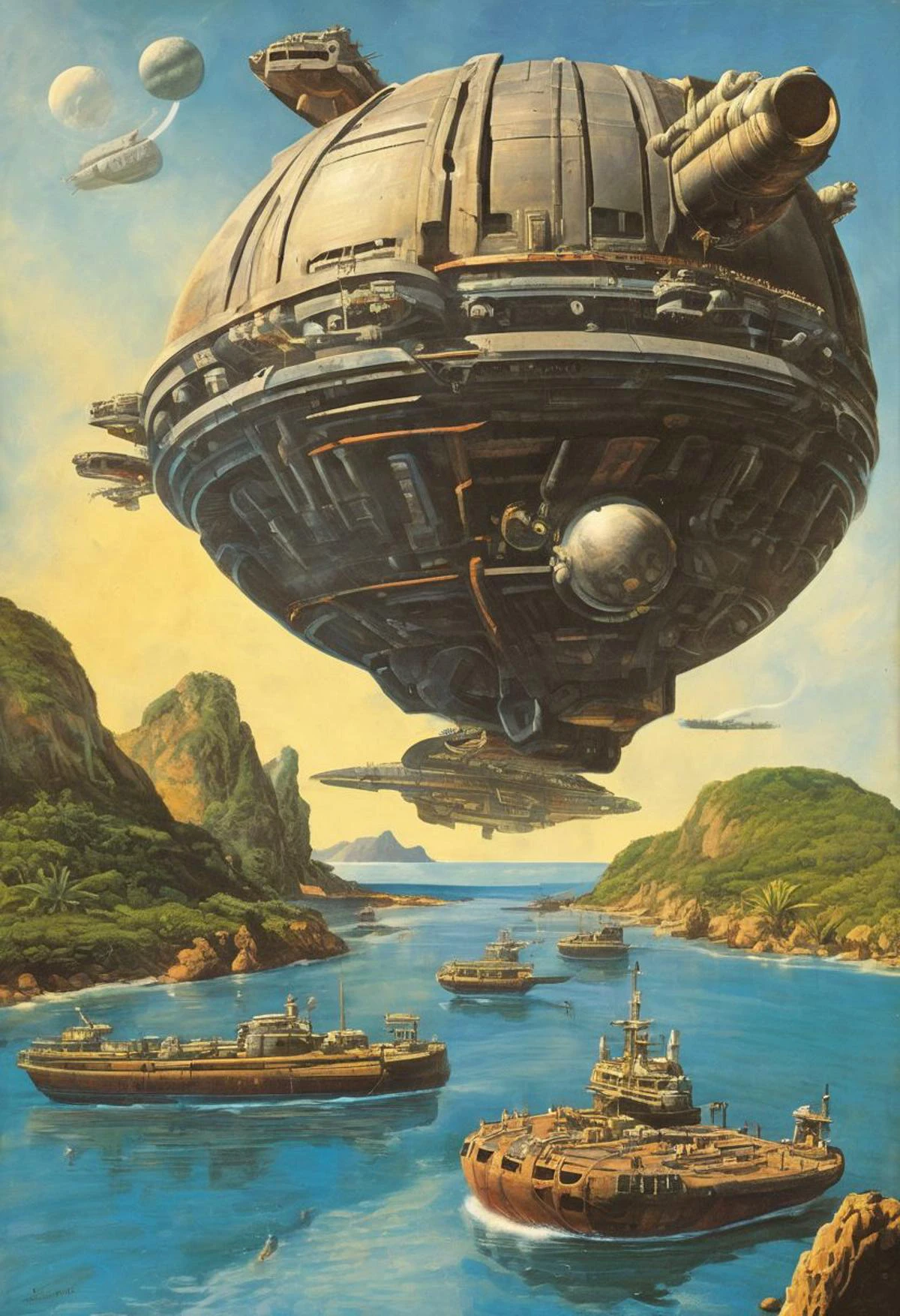 photorealism, 1980s scifi (paperback book) cover, A massive, clunky, space-age seagoing cargo freighter with bio-synthetic interfaces in a tropical lagoon, blue sky, 2 moons