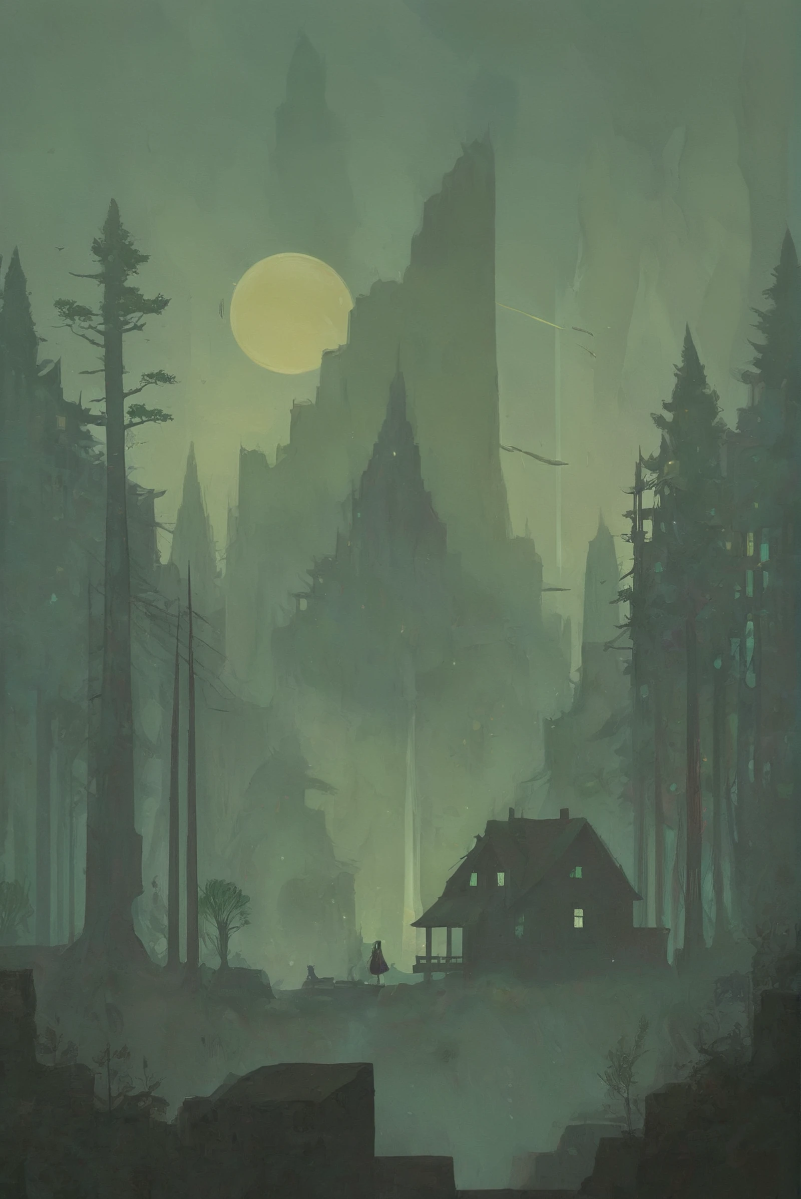 minimalist poster, minimalism, duotone pastel forest green and light yellow, wonderous,lush fantasy settlement beyond the end of the multiverse<lora:EnvyStarlightMinimalistPosterArt01:1.2>
