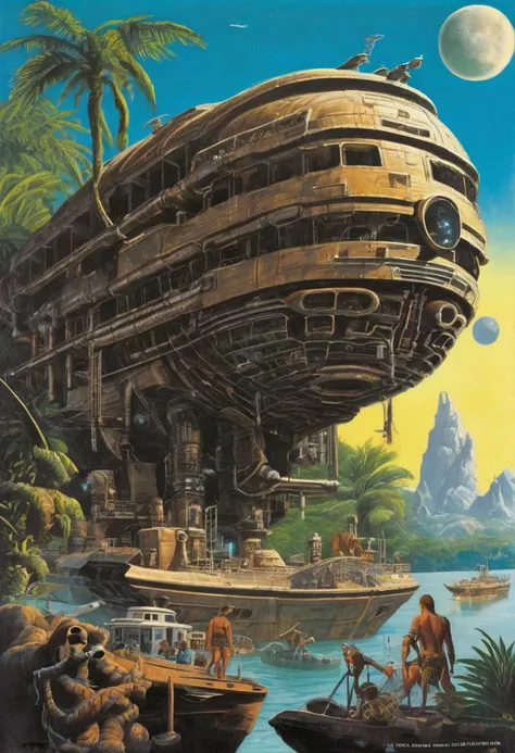 photorealism, 1980s scifi (paperback book) cover, A massive, clunky, space-age seagoing cargo freighter with bio-synthetic interfaces in a tropical lagoon, blue sky, 2 moons