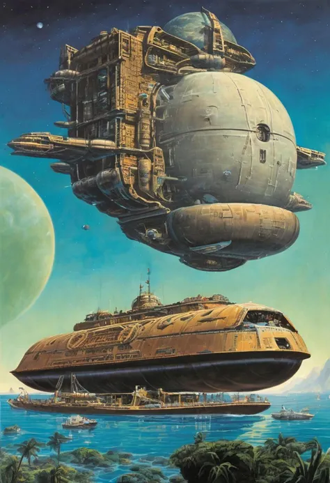 photorealism, 1980s scifi (paperback book) cover, A massive, clunky, space-age seagoing cargo freighter with bio-synthetic interfaces in a tropical lagoon, blue sky, 2 moons