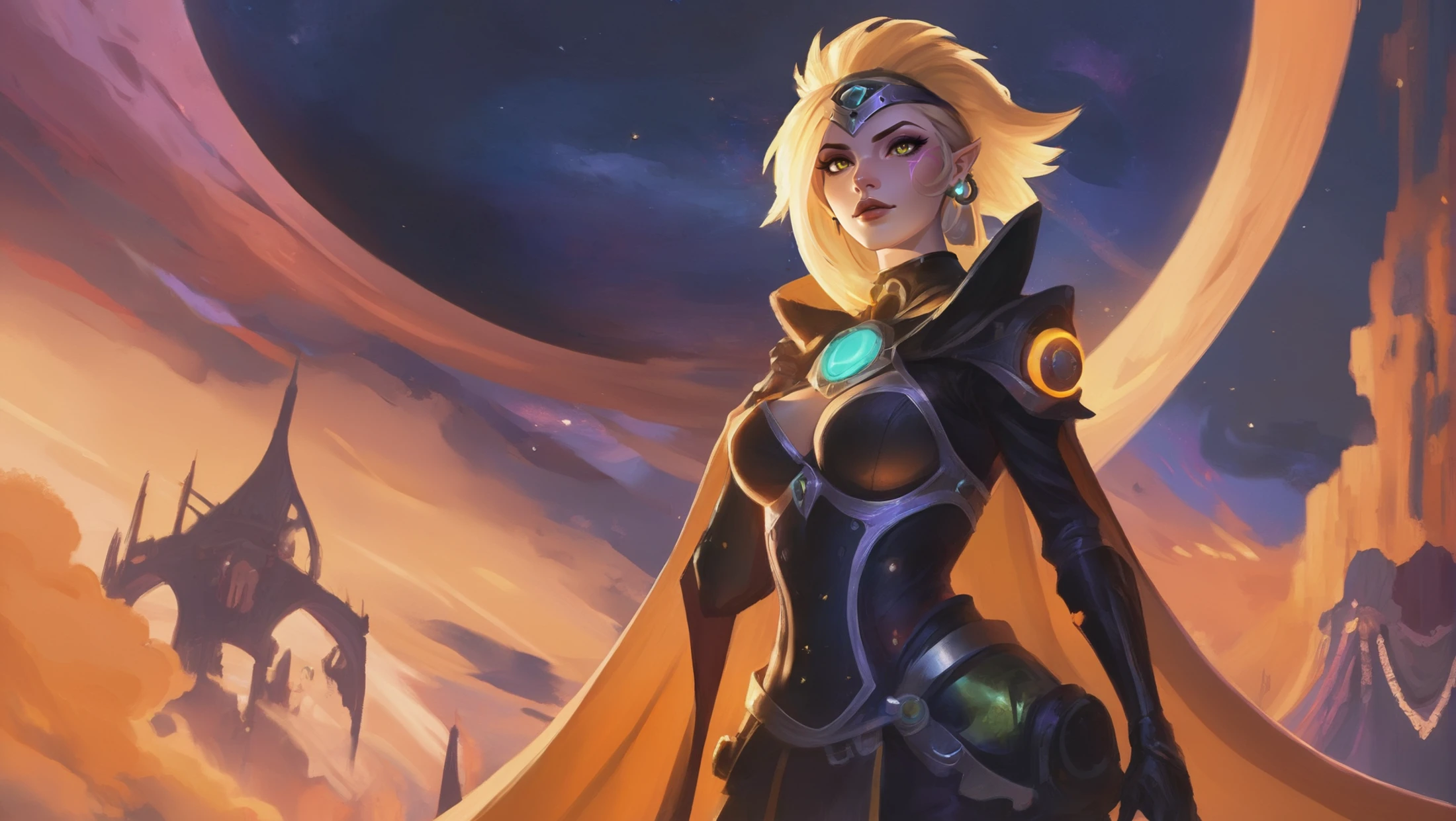 digital painting, 1girl, woman, warlock queen, wicked witch, (very high collar:1.3), bombshell hair, blonde hair, hime cut, deep lightyellow clothes, toned body, athletic build, narrow waist, wide hips, small breasts, (dark skin:1.3), sky,lush scifi village at the end of time<lora:EnvyStarlightMoba01:1><lora:EnvyBetterHiresFixXL01:0:hr=1>