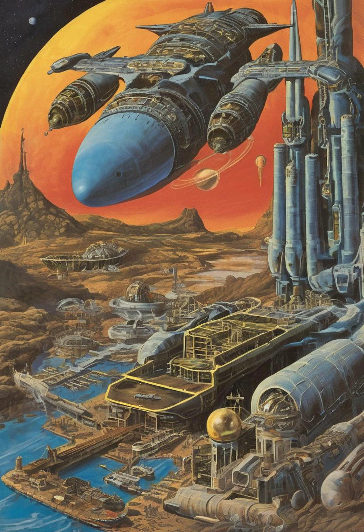 photorealism, 1980s scifi (paperback book) cover, A massive, clunky, space-age seagoing cargo freighter with bio-synthetic interfaces in a tropical lagoon, blue sky, 2 moons