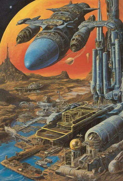 photorealism, 1980s scifi (paperback book) cover, A massive, clunky, space-age seagoing cargo freighter with bio-synthetic interfaces in a tropical lagoon, blue sky, 2 moons