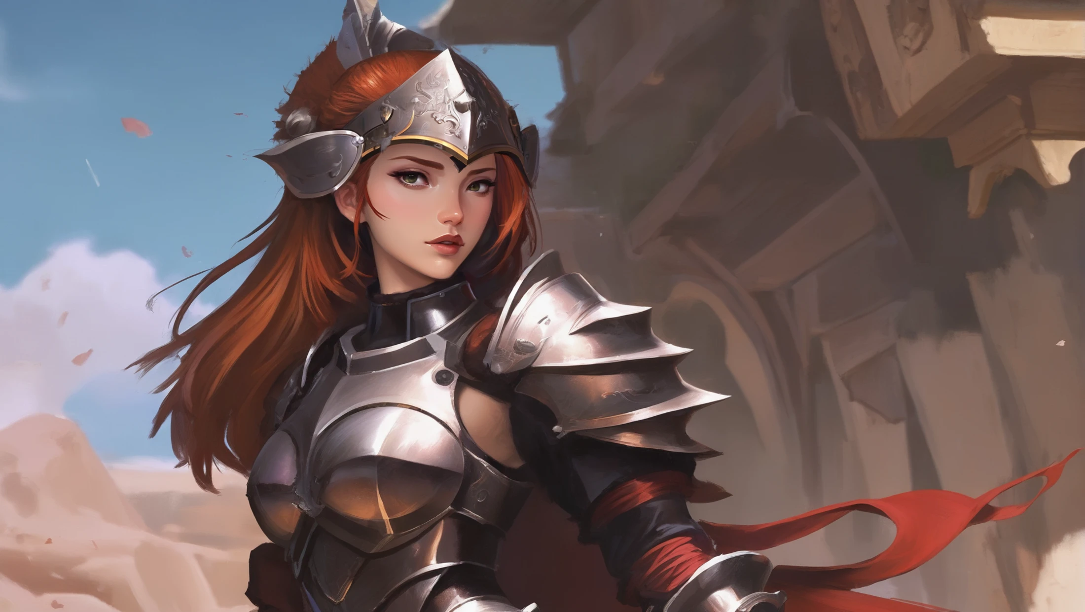 anime digital painting, action shot, 1girl, woman, rough digital painting, full body, 1girl, cleavage, solo, fantastical costume design, knight, mediumorchid (ragged fur armor,shield,helmet,pauldrons,chestplate:1.4), caucasian, (muscular:1) build, old, bombshell hair, copper hair, Straight Hair, darkmagenta clothes, average figure, chinese, sprawling,rustic scifi hamlet beyond the end of the universe<lora:EnvyStarlightMoba01-easymode:1><lora:EnvyBetterHiresFixXL01:0:hr=1>