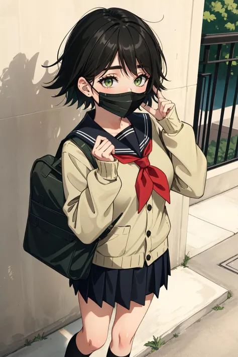 (masterpiece, best quality), intricate details,
1girl, <lora:mayuritest:0.8> mayuri shiina, (black hair:1.5), (green eyes:1.5), messy hair, short hair,
<lora:togatest:0.8> long sleeves, pleated skirt, school uniform, serafuku, skirt,, black mask, black socks, cardigan, long sleeves, mask, mouth mask, neckerchief, red neckerchief, socks, yellow cardigan,,