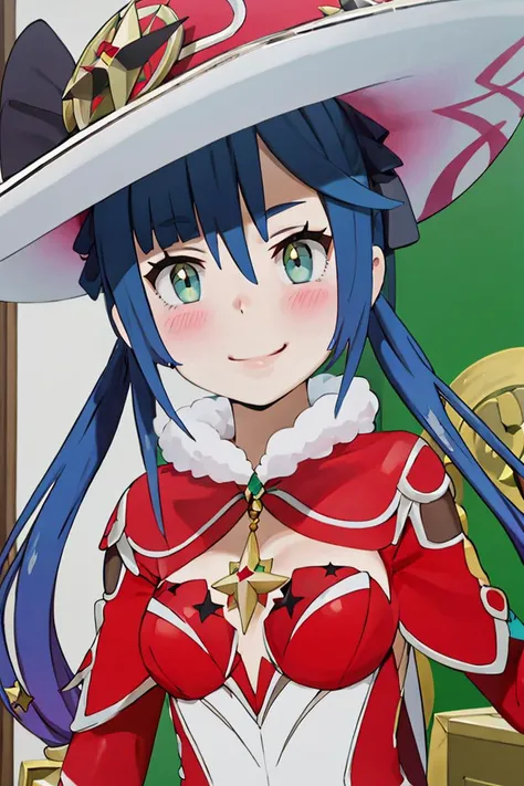 <lora:Alola_Style:0.65>,((masterpiece,best quality)), absurdres, portrait, upper body, <lora:Mona_Christmas:0.8>, Mona_Christmas, twintails, red witch hat, blush, smile,