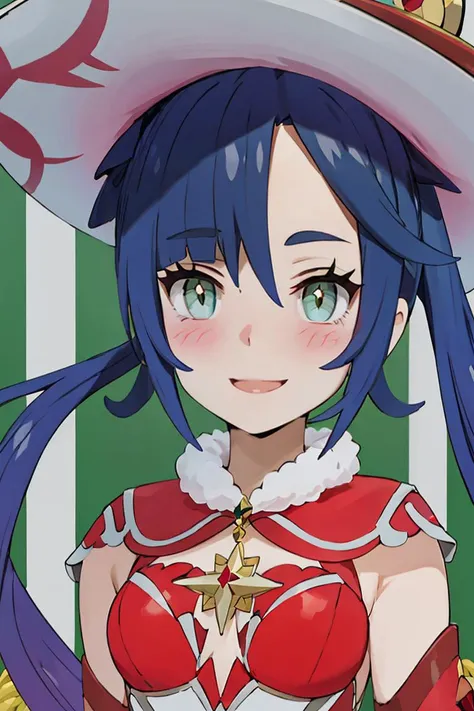 <lora:Alola_Style:0.65>,((masterpiece,best quality)), absurdres, upper body, <lora:Mona_Christmas:0.8>, Mona_Christmas, twintails, red witch hat, blush, smile,