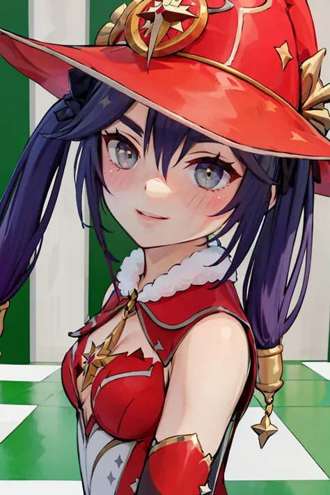 <lora:Style_of_the_Winds:0.8>,((masterpiece,best quality)), absurdres, portrait, upper body,  <lora:Mona_Christmas:0.8>, Mona_Christmas, twintails, red witch hat, blush, smile,
