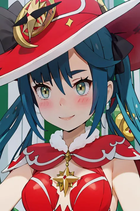 <lora:Alola_Style:0.65>,((masterpiece,best quality)), absurdres, portrait, upper body, <lora:Mona_Christmas:0.8>, Mona_Christmas, twintails, red witch hat, blush, smile,