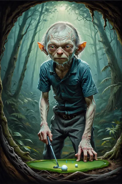 thin Space Age ([Gollum|The Colonial Marines] :1.2) , Gollum is Playing Golf, he is very Inconsiderate and Labyrinthine, he is in a Alien setting, ð, he has Mullet hair, high resolution, background, geometric patterns, vibrant colors, intricate details, portrait the, hassan, and, hjjaj, style, painting, pavel, sokov, style, <lora:Hassan_Hjjaj_Style:0.8>, <lora:Pavel_Sokov:0.8>
