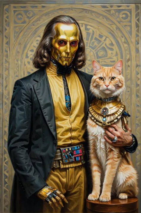 Brutalist [Holy:Glad:18] short Venetian ([C-3PO|Vampire] :1.2) , he is with a Ragdoll Cat, C-3PO is Playing, C-3PO has long straight hair, high resolution, background, geometric patterns, vibrant colors, intricate details, portrait the, hassan, and, hjjaj, style, painting, pavel, sokov, style, <lora:Hassan_Hjjaj_Style:0.8>, <lora:Pavel_Sokov:0.8>