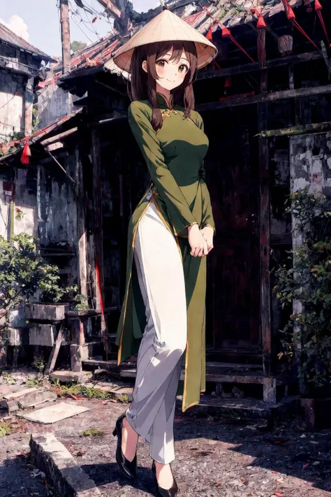 1girl, vietnamese dress, green dress, white pants, conical hat, smile, blush, brown long hair, brown eyes, vietnamese town, large breasts, black pumps <lora:vietnamesedress4:1>