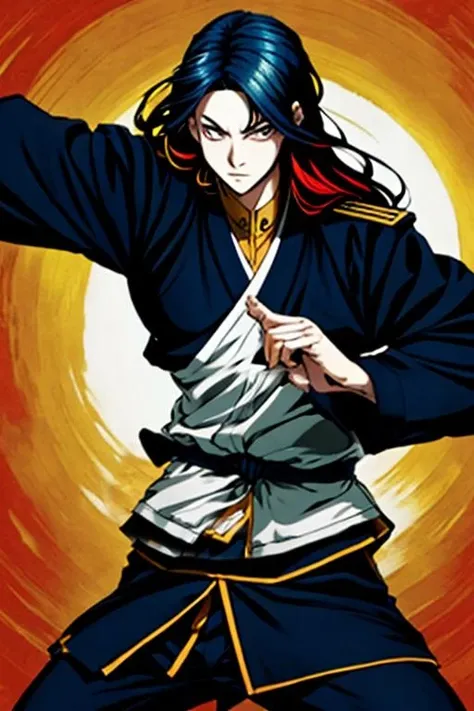 <lora:Mcode-08:0.8>multicolored hair,long hair,Dark blue uniform,
<lora:Martial-08:1>Martial Arts Style