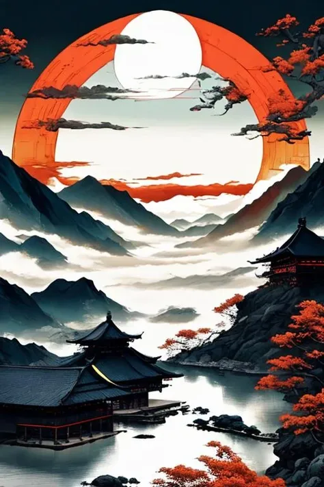 landscape,Mountain, Water, Sun, Chinese Architecture,
<lora:Mcode-08:0.8>multicolored hair,long hair,Dark blue uniform,
<lora:Martial-08:1>Martial Arts Style