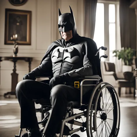 Batman in a wheelchair super old with gray hair and a torn Batman costume . Sad and tired face. Psychiatric center fund. American style drawing 