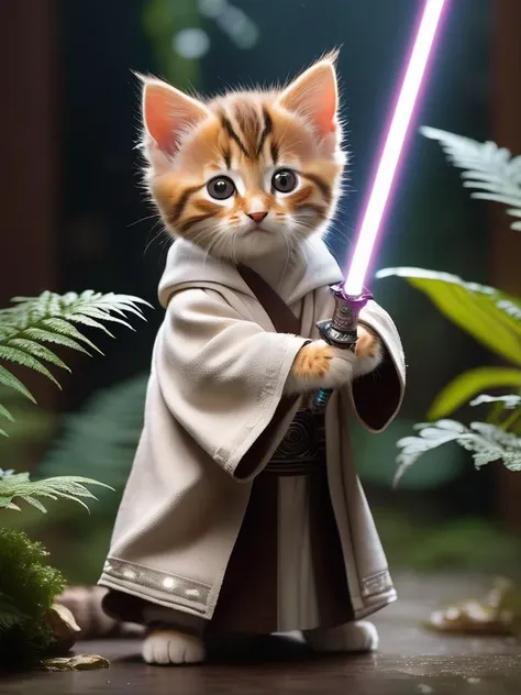 a cute kitten holding a laser sword, wearing a jedi robe, looking like a jedi knight, open wide, heavily detailed, (detailed skin, scales), gritty, 8 k, photorealistic, dramatic lighting, cinematic, artstation hq, intricate, elegant, mushrooms, ferns, masterpiece misty, foggy, volumetric light, by adrian ghenie