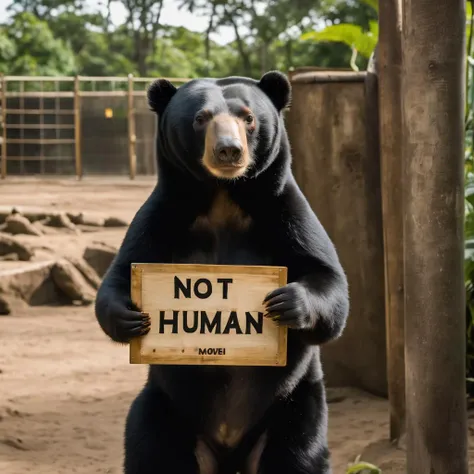 an extremely detailed zoo cinematic photograph of a full body standing sunbear holding a sign with text of "not a human" to the camera