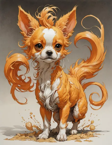 an dog with (four tails:1.7), chibi style, character style by Ellen Jewett, painting Ruan Jia, sketch and manga style by Shintaro Kago, orange and yellow fur, flamy energy moving in background, blowing away, asymmetrical, spectacular art, unique, astonishing, highly intricate details, best quality, masterpiece