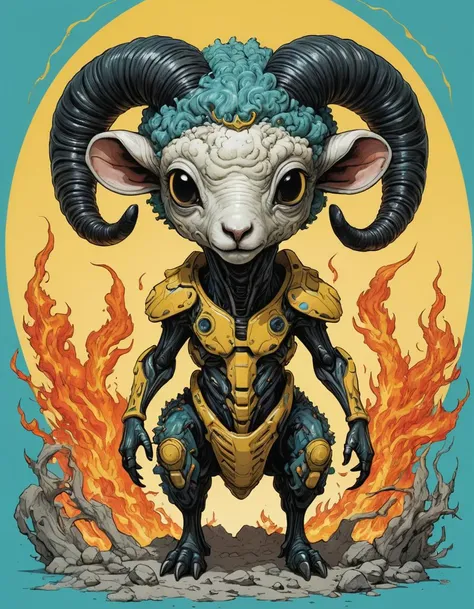 movie poster, a sheep xenomorph, chibi style, flame, character style by Ellen Jewett, painting Ruan Jia, sketch and manga style by Shintaro Kago, cyan-yellow gradient background, symmetrical, spectacular art, unique, astonishing, highly intricate details, best quality, masterpiece