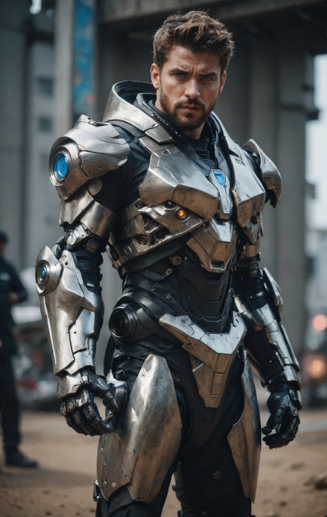 (masterpiece, best quality, ultra-detailed, best shadow), cinematic film still, photo of a man wearing a high tech scifi armor, mecha armor, male focus, armor, solo, facial hair, cape, beard, looking at viewer, blue eyes, blurry background, power armor, knee protection, standing, brown hair, science fiction <lora:aesthetic_anime_v1s:1.2>