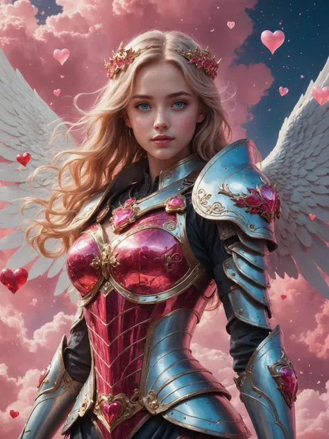 cinematic film still, complex love shape armor, blue eyes, smile, love clouds, pink clouds, (intense love light:1.1), realist detail, brooding mood, ue5, detailed character expressions, light red and white, amazing quality, wallpaper, analog film grain,
1girl, adult woman, blue eyes, long blonde hairstyle, full of love, fighting pose, extreme detailed cloudy background full of love hearts,
((full body)), love hearts around, glowing hearts, solo, detailed background, ((HolyFantasy:0.8), love fantasy theme), holy healer sorcerer, red lips, smile, very complex ruby heart shape armor, ruby heart shape crystal armored wings, red ruby heart shape crown, dynamic pose, ruby color scheme, golden flames in background, symmetrical composition, cinematic atmosphere, very complex pink background full of power, cosmos and stars on background, energetic pink nebula and galaxies imploding
<lora:add-detail-xl:0.4>