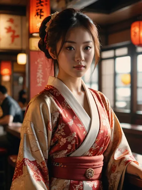 Film film still,seven body shot,in a bar,a photo of a 25-year-old Japanese woman with fair skin,fictional scenery,(intense sunlight:1.4),realistic details,happy emotions,ue5,detailed character expressions,light amber and red,amazing quality,wallpaper,simulated film particles,
eye contact,looking at the camera,
<lora:sd_xl_dpo_lora_v1:1>,kimono,