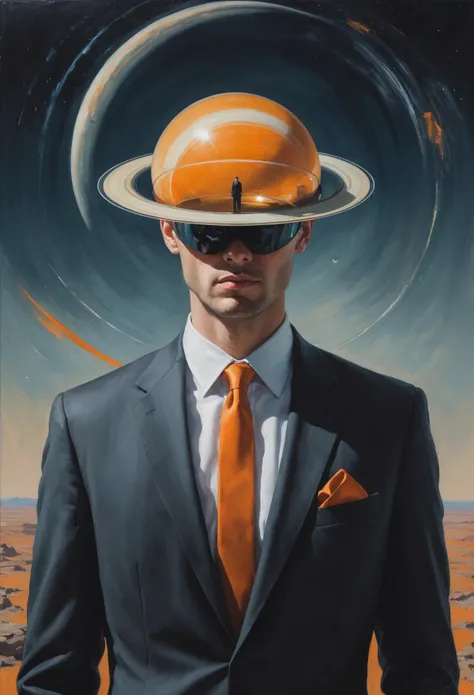 a man in a suit with a Saturn instead of his head, a surrealist painting, by Eglon van der Neer, unsplash, artwork in the style of guweiz, suit and tie, head and waist potrait, without eyes, with a big head, faceless people, head as a planet, professional profile picture, orange halo, ral-dissolve