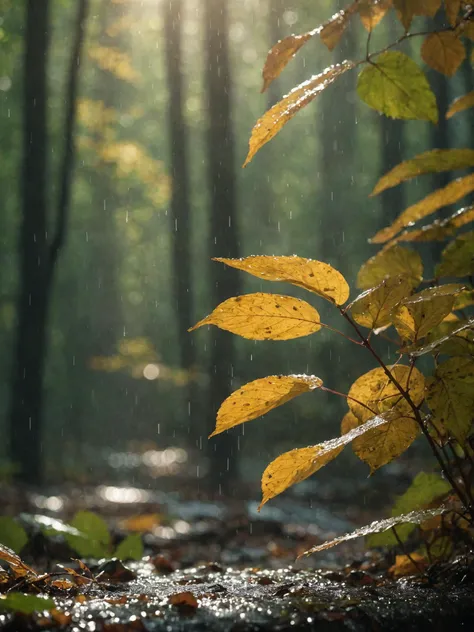 photo of a forest, wet leaves fluttering around, rain, rain drops, daylight casting long shadows, backlit, bokeh effect on background foliage, cinematic film still.