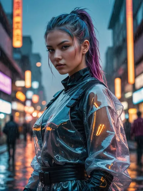 (Double exposure effect, layered imagery, blend of two images, surreal, dreamlike), (female cyberpunk ninja wearing translucent clothing:1.1) and a city where magical spells and advanced technology are interwoven, creating living architecture (in the soft glow of a post-rain sunset), (HDR, High Dynamic Range, vibrant colors, high contrast, detailed, UltraHD, 8K, cinematic, 80mm, high detail)