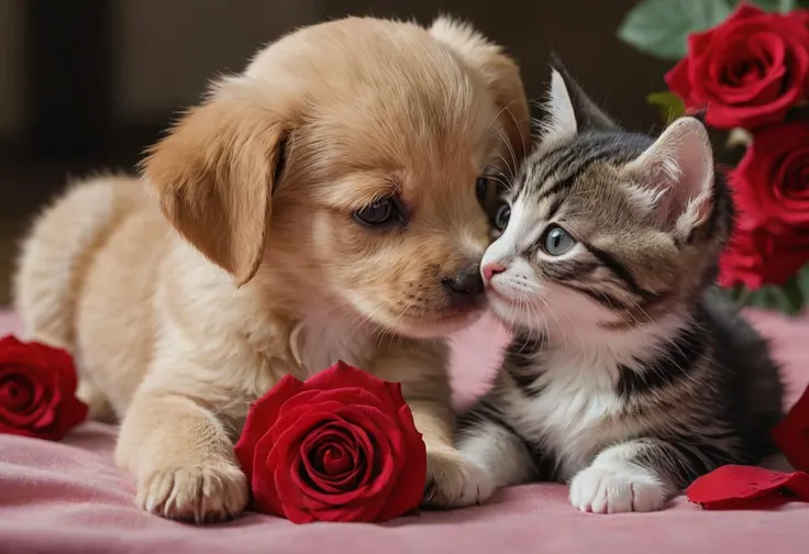 A touching moment and setting depicting a puppy and a kitten's cute love, body language and expression reveal the depth of their adoration in a scene that is not just seen, but deeply felt. valentine's day, single red rose, lighting style and setting should lead the viewer into the animals’ romantic world. ultra-sharp focus, highly detailed, 8k UHD