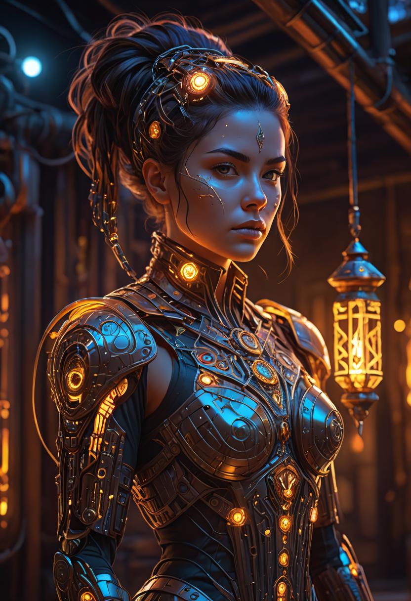 A woman in armor holding a lantern in a dark room - SeaArt AI