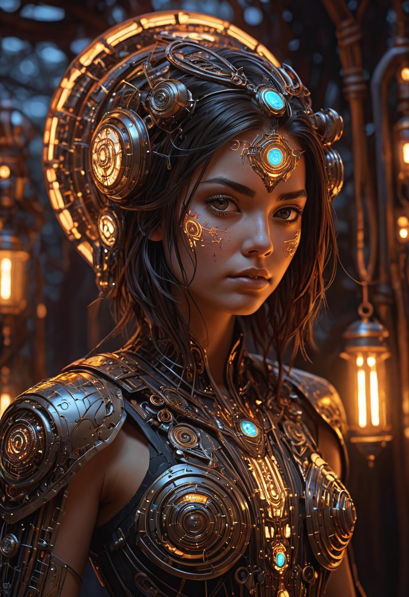 A woman in armor with glowing eyes and a glowing headpiece - SeaArt AI