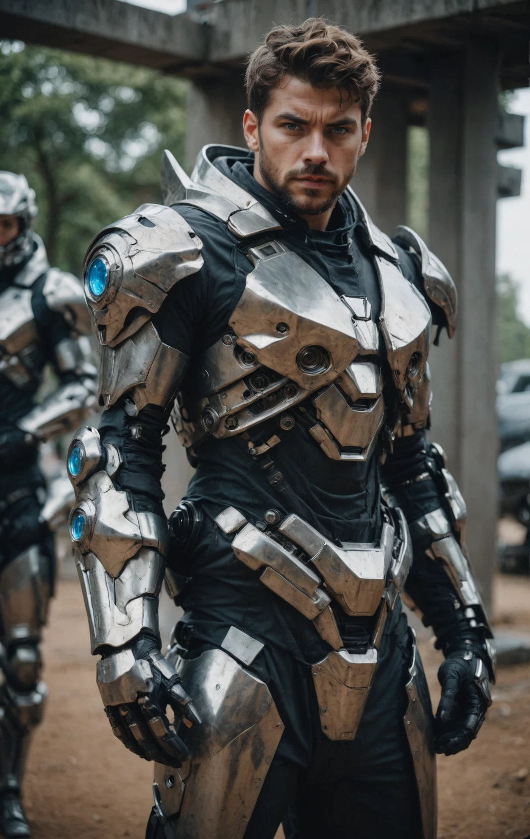 (masterpiece, best quality, ultra-detailed, best shadow), cinematic film still, photo of a man wearing a high tech scifi armor, mecha armor, male focus, armor, solo, facial hair, cape, beard, looking at viewer, blue eyes, blurry background, power armor, knee protection, standing, brown hair, science fiction <lora:aesthetic_anime_v1s:1.2>