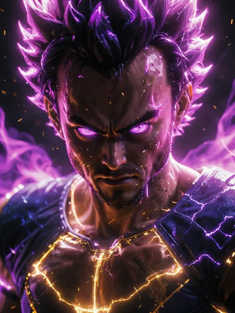 glowneon, photo of glowing Ultra Ego Vegeta emitting sparks and electricity, dark amethyst, glowing eyes, cinematic film still <lora:glowneon_xl_v1:1> <lora:add-detail-xl:0.8>