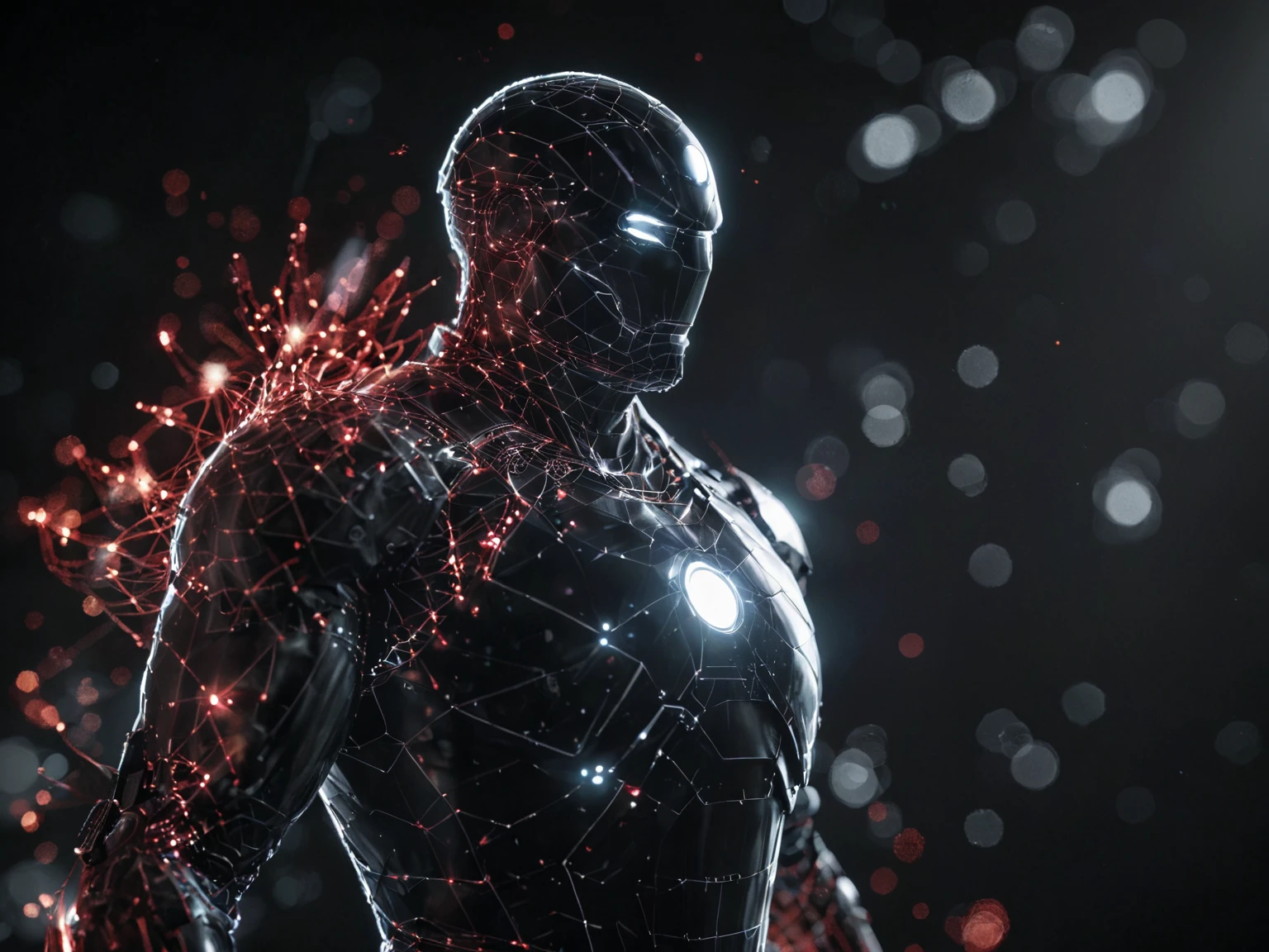 dataviz style, black and white network data visualization in the shape of IronMan, masterpiece , hyper detailed, unreal engine, dark red tones, stars, point cloud, luminous light effects <lora:dataviz_style_xl_v1:1> <lora:glowneon_xl_v1:1> glowneon